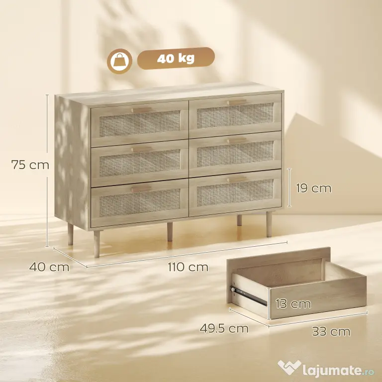 HOMCOM Comodă cu 6 sertare, sertar de depozitare înalt | Aosom Romania