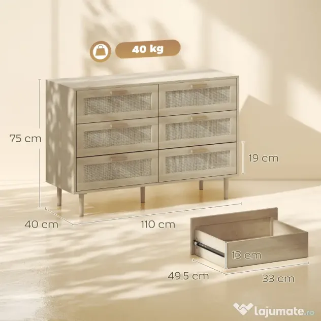 HOMCOM Comodă cu 6 sertare, sertar de depozitare înalt | Aosom Romania