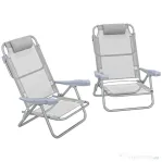 Outsunny Set 2 Scaune de Camping Pliabile cu Tetieră Căptușită și Spătar Reglabil în 6 Poziții, 62x65x80 cm, Gri Deschis