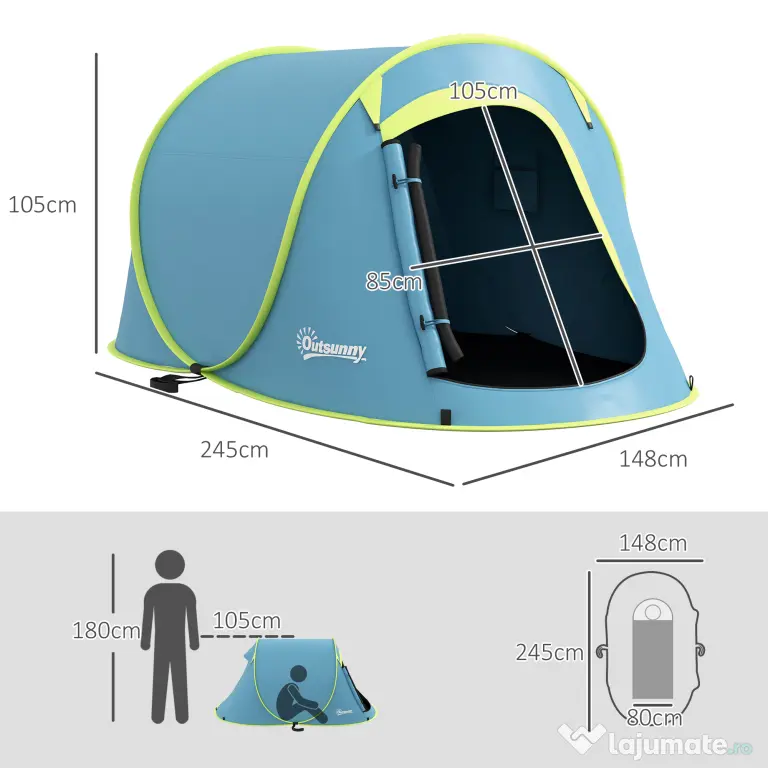 Outsunny Cort Camping Impermeabil, Cort Pop-Up cu Accesorii și Geantă de Transport, 245x148x105 cm, Albastru | Aosom Romania