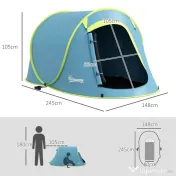Outsunny Cort Camping Impermeabil, Cort Pop-Up cu Accesorii și Geantă de Transport, 245x148x105 cm, Albastru | Aosom Romania 