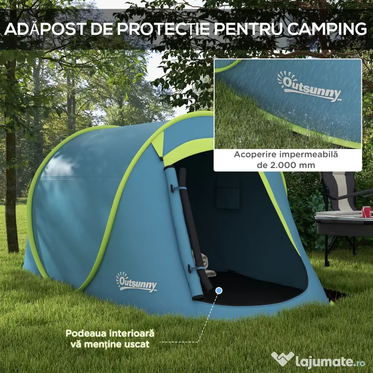 Outsunny Cort Camping Impermeabil, Cort Pop-Up cu Accesorii și Geantă de Transport, 245x148x105 cm, Albastru | Aosom Romania