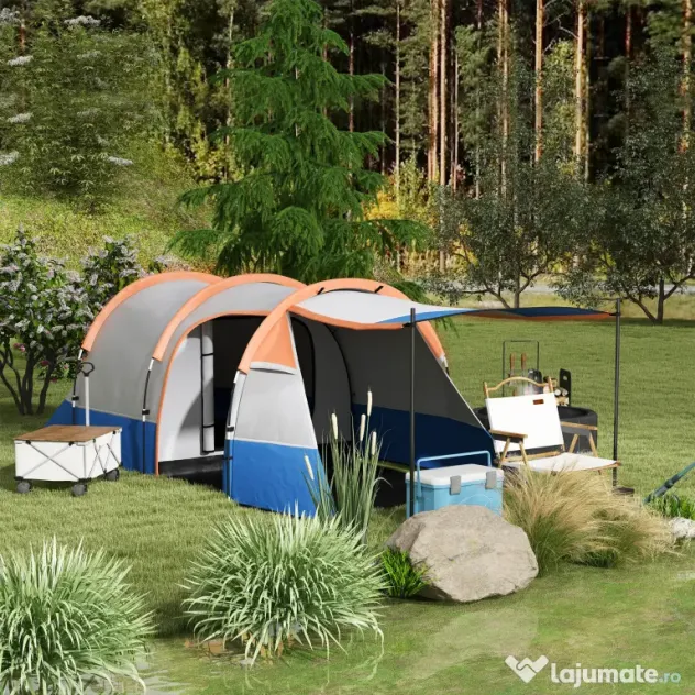 Outsunny Cort de Camping pentru 2-3 Persoane Impermeabil cu 2 Zone și 3 Intrări, 420x200x150 cm, Portocaliu | Aosom Romania