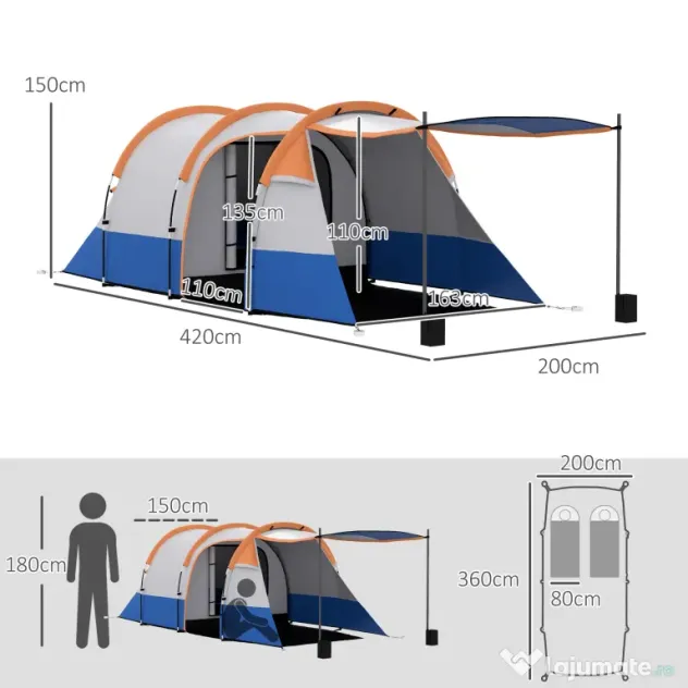 Outsunny Cort de Camping pentru 2-3 Persoane Impermeabil cu 2 Zone și 3 Intrări, 420x200x150 cm, Portocaliu | Aosom Romania