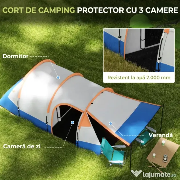 Outsunny Cort de Camping pentru 2-3 Persoane Impermeabil cu 2 Zone și 3 Intrări, 420x200x150 cm, Portocaliu | Aosom Romania
