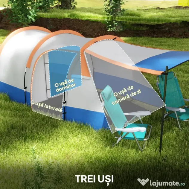 Outsunny Cort de Camping pentru 2-3 Persoane Impermeabil cu 2 Zone și 3 Intrări, 420x200x150 cm, Portocaliu | Aosom Romania