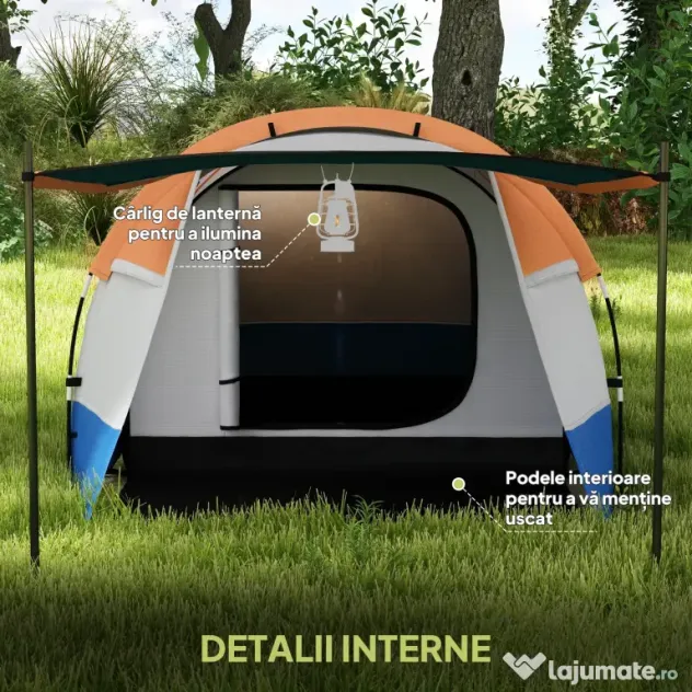 Outsunny Cort de Camping pentru 2-3 Persoane Impermeabil cu 2 Zone și 3 Intrări, 420x200x150 cm, Portocaliu | Aosom Romania