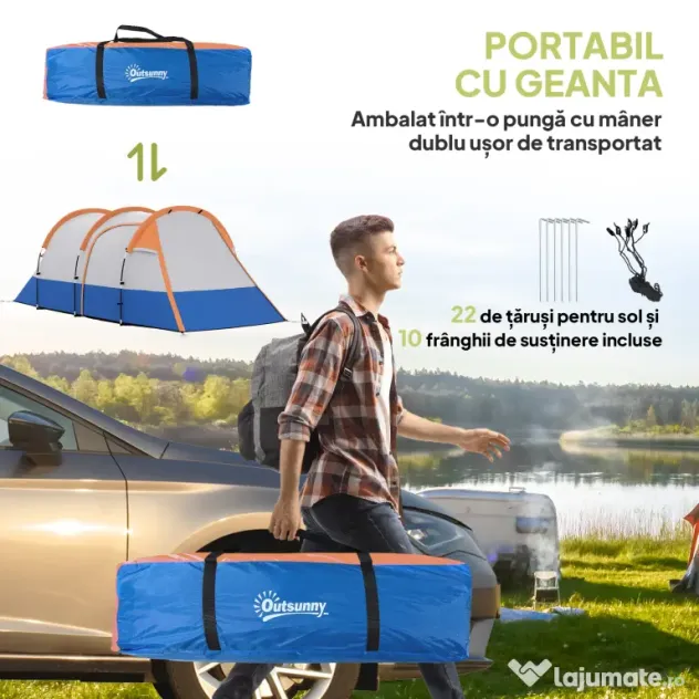 Outsunny Cort de Camping pentru 2-3 Persoane Impermeabil cu 2 Zone și 3 Intrări, 420x200x150 cm, Portocaliu | Aosom Romania