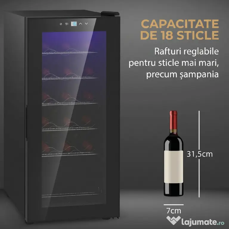 HOMCOM Frigider pentru Vinuri, Frigider de Vin cu Control al Temperaturii, Ecran Tactil Digital și Lumină LED, 18 Sticle, 34.5x45x78 cm, Negru