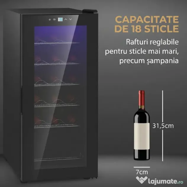 HOMCOM Frigider pentru Vinuri, Frigider de Vin cu Control al Temperaturii, Ecran Tactil Digital și Lumină LED, 18 Sticle, 34.5x45x78 cm, Negru