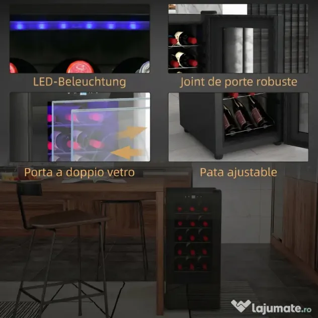 HOMCOM Frigider pentru Vinuri, Frigider de Vin cu Control al Temperaturii, Ecran Tactil Digital și Lumină LED, 18 Sticle, 34.5x45x78 cm, Negru