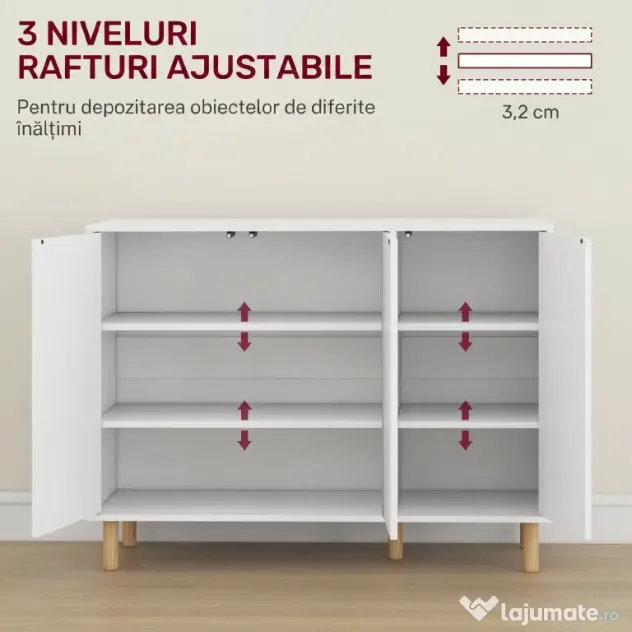 HOMCOM Bufet Modern cu 2 Dulapuri și 3 Rafturi, Mobilier Multifuncțional din Lemn, 107x40x80 cm, Alb | Aosom Romania