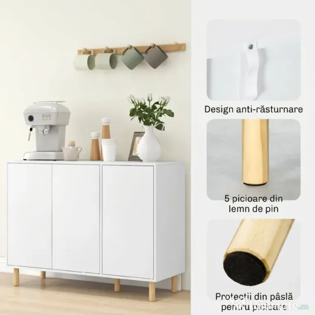 HOMCOM Bufet Modern cu 2 Dulapuri și 3 Rafturi, Mobilier Multifuncțional din Lemn, 107x40x80 cm, Alb | Aosom Romania