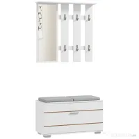 HOMCOM Set de Depozitare pentru Hol 4-în-1, Cuiere, Oglindă, Bancă pentru Încălțăminte cu Scaun, 85x35x49 cm, Alb | Aosom Romania 