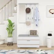 HOMCOM Set de Depozitare pentru Hol 4-în-1, Cuiere, Oglindă, Bancă pentru Încălțăminte cu Scaun, 85x35x49 cm, Alb | Aosom Romania 