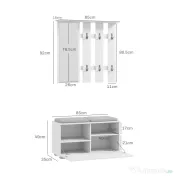 HOMCOM Set de Depozitare pentru Hol 4-în-1, Cuiere, Oglindă, Bancă pentru Încălțăminte cu Scaun, 85x35x49 cm, Alb | Aosom Romania 