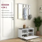 HOMCOM Set de Depozitare pentru Hol 4-în-1, Cuiere, Oglindă, Bancă pentru Încălțăminte cu Scaun, 85x35x49 cm, Alb | Aosom Romania 