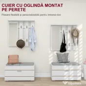 HOMCOM Set de Depozitare pentru Hol 4-în-1, Cuiere, Oglindă, Bancă pentru Încălțăminte cu Scaun, 85x35x49 cm, Alb | Aosom Romania 