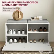 HOMCOM Set de Depozitare pentru Hol 4-în-1, Cuiere, Oglindă, Bancă pentru Încălțăminte cu Scaun, 85x35x49 cm, Alb | Aosom Romania 
