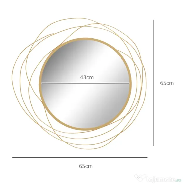 HOMCOM Decor Oglindă de Perete, Artă Metalică de Perete, Oglindă Rotundă pentru Living, Dormitor, Sufragerie, 65x65x1 cm, Auriu | Aosom Romania