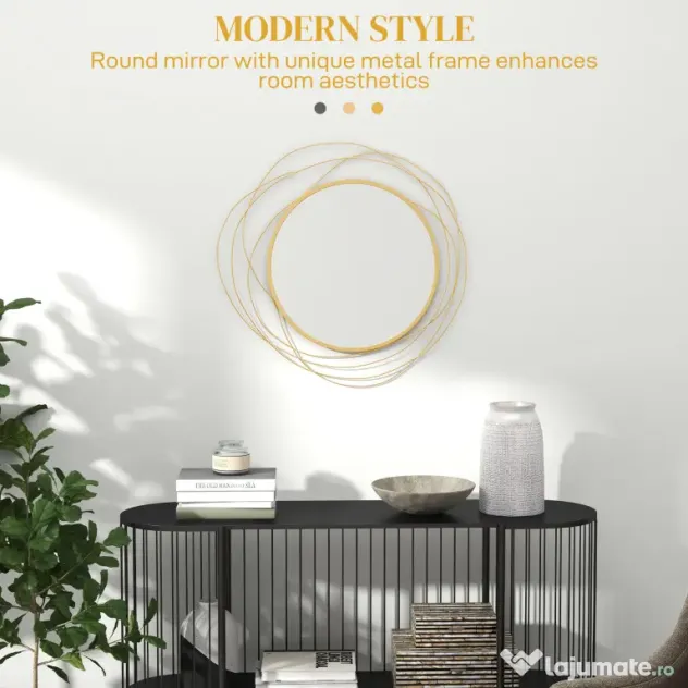 HOMCOM Decor Oglindă de Perete, Artă Metalică de Perete, Oglindă Rotundă pentru Living, Dormitor, Sufragerie, 65x65x1 cm, Auriu | Aosom Romania