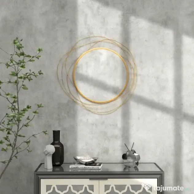 HOMCOM Decor Oglindă de Perete, Artă Metalică de Perete, Oglindă Rotundă pentru Living, Dormitor, Sufragerie, 65x65x1 cm, Auriu | Aosom Romania