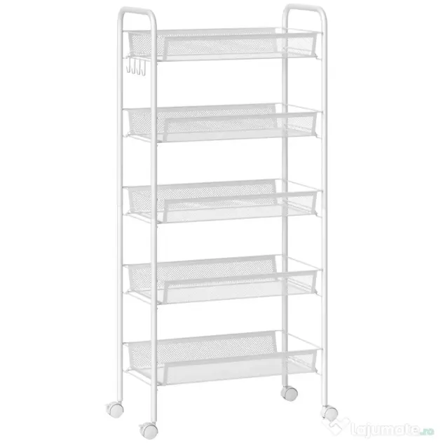 HOMCOM Carucior de Bucătărie Economisitor de Spațiu pe 5 Niveluri cu Coșuri din Plasă din Oțel, 45x26.5x106cm, Alb