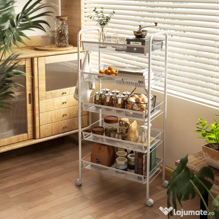 HOMCOM Carucior de Bucătărie Economisitor de Spațiu pe 5 Niveluri cu Coșuri din Plasă din Oțel, 45x26.5x106cm, Alb