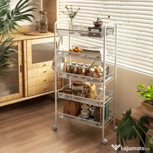 HOMCOM Carucior de Bucătărie Economisitor de Spațiu pe 5 Niveluri cu Coșuri din Plasă din Oțel, 45x26.5x106cm, Alb