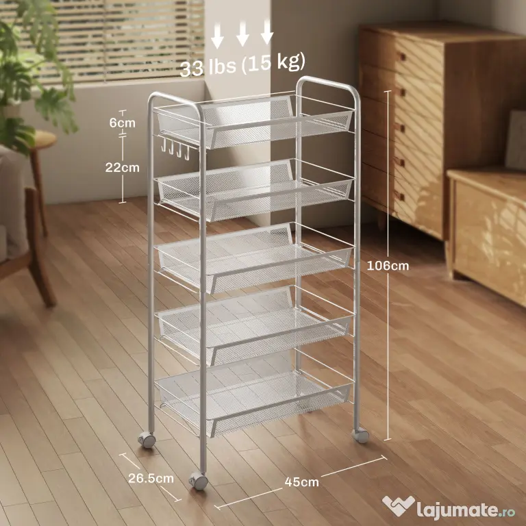 HOMCOM Carucior de Bucătărie Economisitor de Spațiu pe 5 Niveluri cu Coșuri din Plasă din Oțel, 45x26.5x106cm, Alb