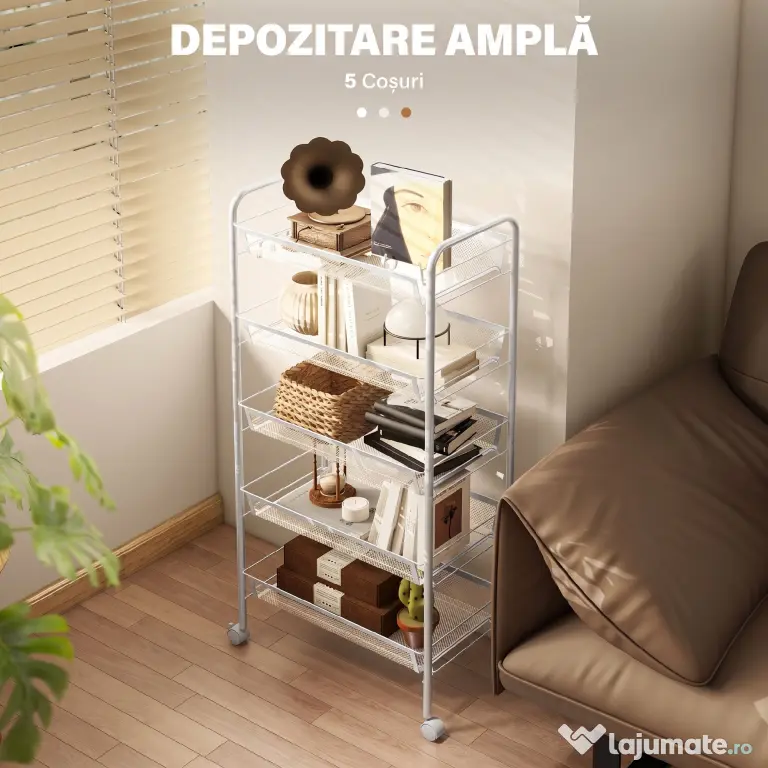 HOMCOM Carucior de Bucătărie Economisitor de Spațiu pe 5 Niveluri cu Coșuri din Plasă din Oțel, 45x26.5x106cm, Alb