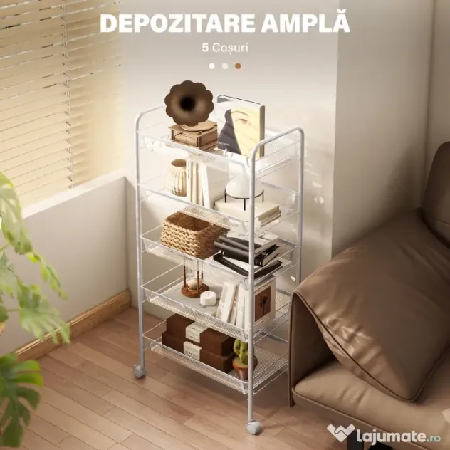HOMCOM Carucior de Bucătărie Economisitor de Spațiu pe 5 Niveluri cu Coșuri din Plasă din Oțel, 45x26.5x106cm, Alb