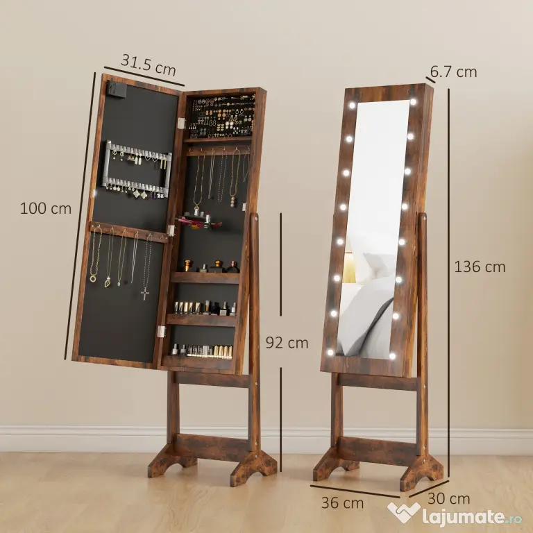 HOMCOM Dulap pentru Bijuterii cu Oglindă Reglabilă și Lumini LED 36x30x136 cm Maro Rustic