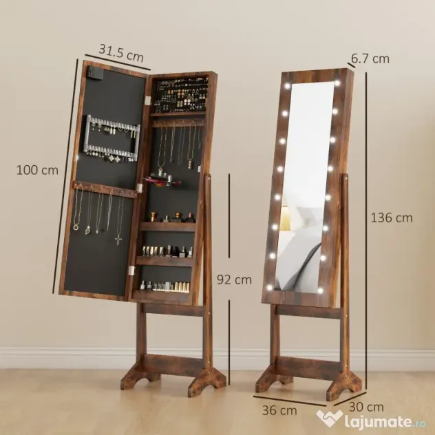HOMCOM Dulap pentru Bijuterii cu Oglindă Reglabilă și Lumini LED 36x30x136 cm Maro Rustic