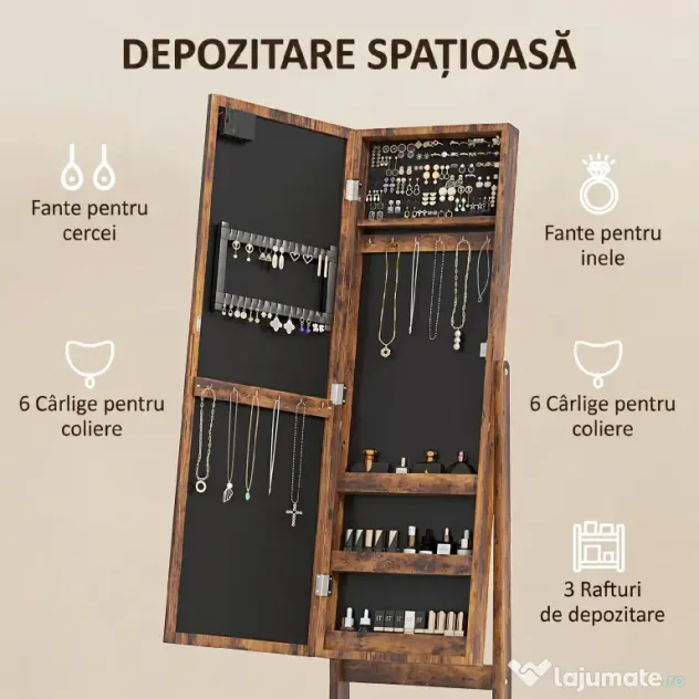 HOMCOM Dulap pentru Bijuterii cu Oglindă Reglabilă și Lumini LED 36x30x136 cm Maro Rustic