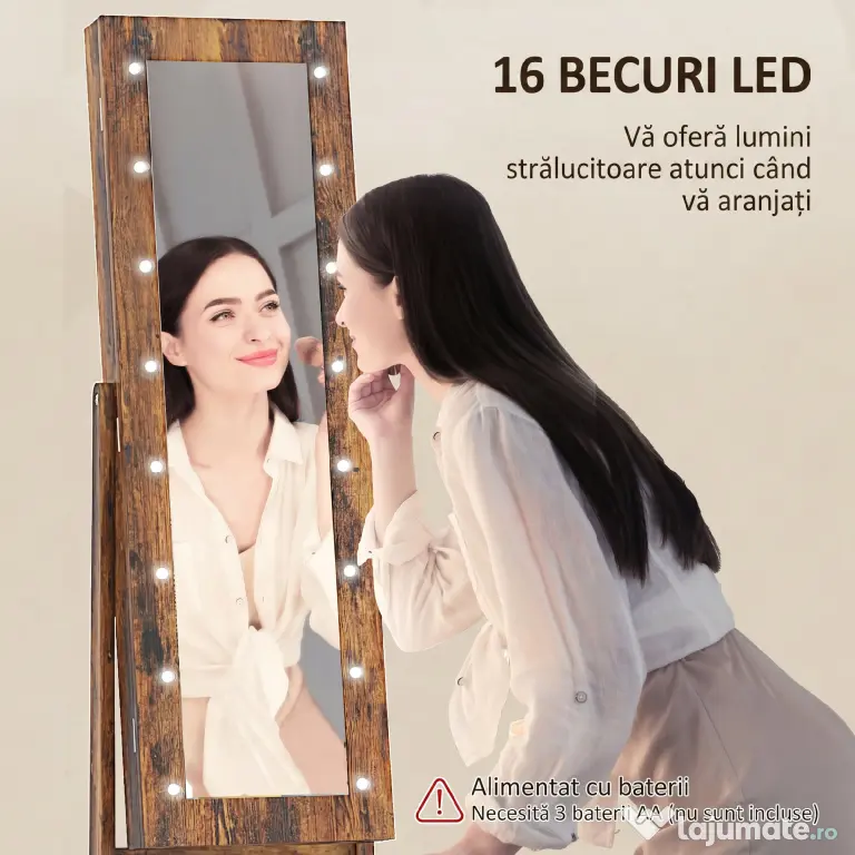 HOMCOM Dulap pentru Bijuterii cu Oglindă Reglabilă și Lumini LED 36x30x136 cm Maro Rustic