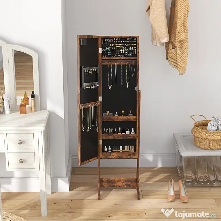 HOMCOM Dulap pentru Bijuterii cu Oglindă Reglabilă și Lumini LED 36x30x136 cm Maro Rustic