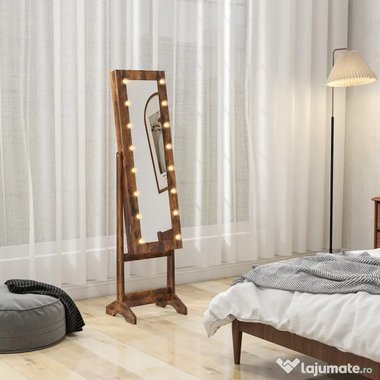 HOMCOM Dulap pentru Bijuterii cu Oglindă Reglabilă și Lumini LED 36x30x136 cm Maro Rustic