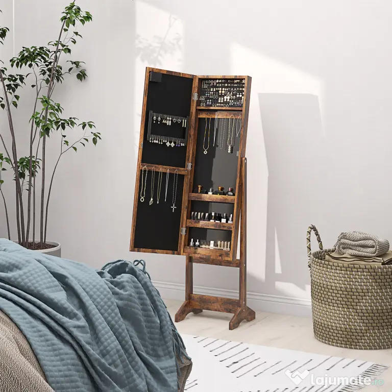 HOMCOM Dulap pentru Bijuterii cu Oglindă Reglabilă și Lumini LED 36x30x136 cm Maro Rustic