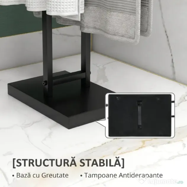 HOMCOM Suport pentru Prosoape Autoportant din Metal, cu 2 Brațe pentru Baie, 50x18,5x85cm, Negru