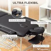 HOMCOM Pat de Masaj Pliabil cu Înălțime Reglabilă, din Aluminiu și Plastic, 215x81x61-84 cm, Negru 