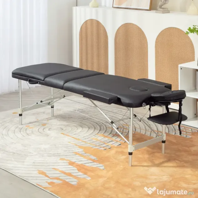 HOMCOM Pat de Masaj Pliabil cu Înălțime Reglabilă, Pat Profesional pentru Masaj din Aluminiu, 215x60x61-84 cm, Negru | Aosom Romania