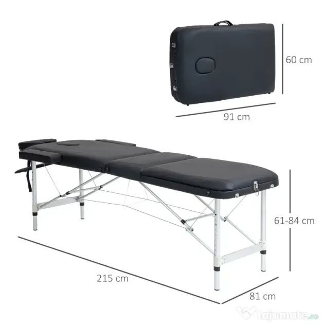 HOMCOM Pat de Masaj Pliabil cu Înălțime Reglabilă, Pat Profesional pentru Masaj din Aluminiu, 215x60x61-84 cm, Negru | Aosom Romania
