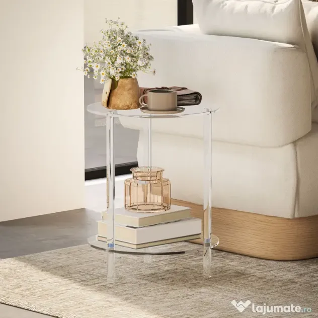 HOMCOM Măsuță Joasă Rotundă cu 2 Niveluri pentru Interior, Măsuță de Cafea din Acrilic, Ø40x50 cm, Transparentă | Aosom Romania