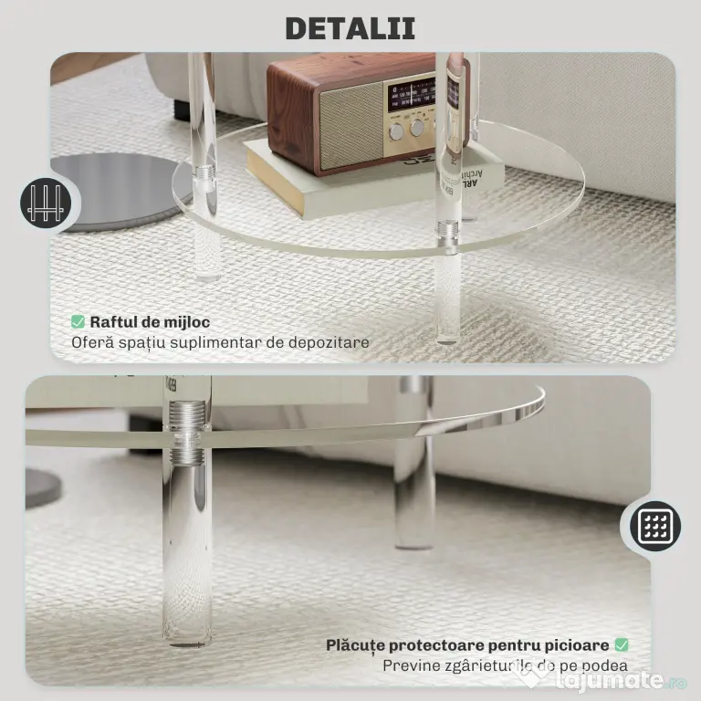 HOMCOM Măsuță Joasă Rotundă cu 2 Niveluri pentru Interior, Măsuță de Cafea din Acrilic, Ø40x50 cm, Transparentă | Aosom Romania