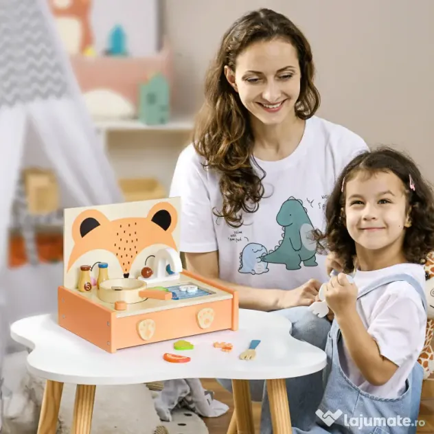 AIYAPLAY Bucătărie Jucărie pentru Copii 3-5 Ani, Mini Bucătărie cu Plită și 12 Accesorii, 31,5x23,5x25 cm, Multicoloră | Aosom Romania
