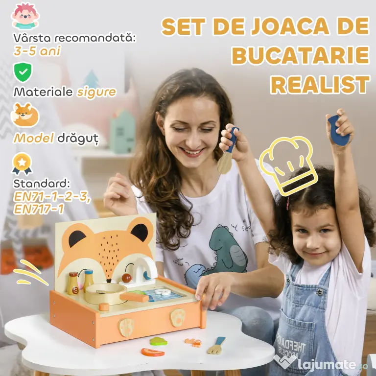 AIYAPLAY Bucătărie Jucărie pentru Copii 3-5 Ani, Mini Bucătărie cu Plită și 12 Accesorii, 31,5x23,5x25 cm, Multicoloră | Aosom Romania