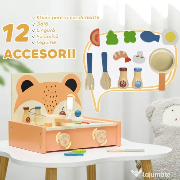 AIYAPLAY Bucătărie Jucărie pentru Copii 3-5 Ani, Mini Bucătărie cu Plită și 12 Accesorii, 31,5x23,5x25 cm, Multicoloră | Aosom Romania