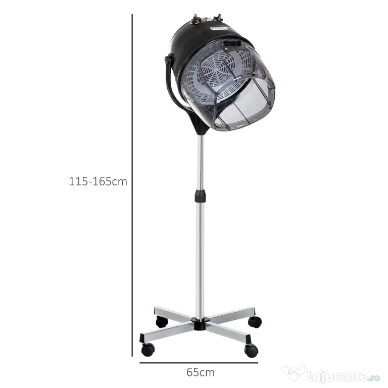HOMCOM Cască pentru uscat părul 1180W cu înălțime reglabilă, timer de 60 de minute și roți pivotante, 65x65x115-165 cm, negru