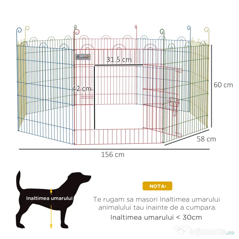 PawHut Țarc pentru Câini cu 8 Panouri, Ușă cu Zăvor, din Oțel, Ø156x60 cm, Multicolor | Aosom Romania